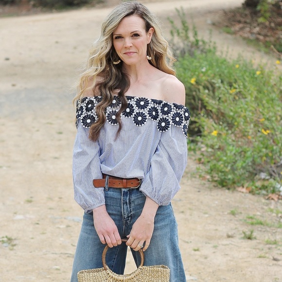 LOFT Tops - LOFT Blue and Black Off-Shoulder Top